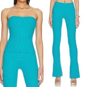 NBD Tara Boucle Matching Set Blue Strapless Fitted Flare Leg Knit Textured Small